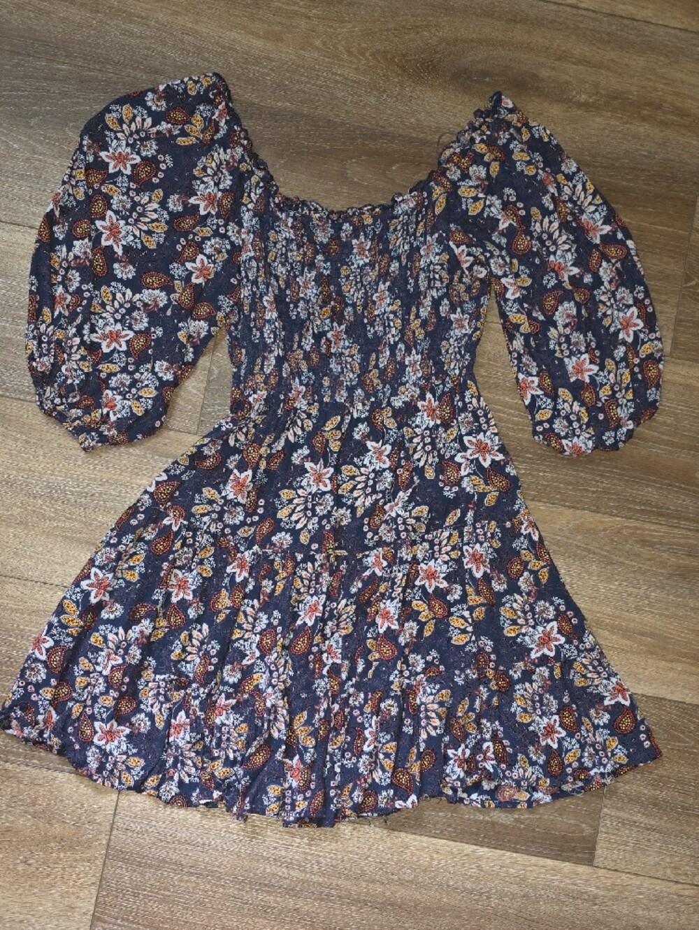 Angie Navy Floral Off-Shoulder Puff-Sleeve Mini Dress